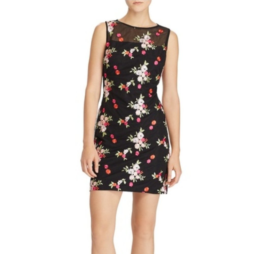 LAUREN by Ralph Lauren Black Floral Mesh Embroidered Dress